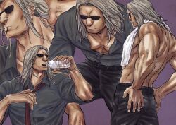 Rule 34 | 1boy, adjusting clothes, adjusting necktie, bara, big nose, drinking, feet out of frame, highres, hunter x hunter, long hair, male focus, morel mackernasey, multiple views, muscular, muscular male, necktie, nkwtsrsk hh, partially unbuttoned, pectoral cleavage, pectorals, shirt, sunglasses, topless male, towel, towel around neck, tying hair, wrinkled skin