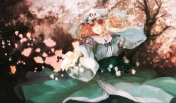 Rule 34 | 1girl, blue hat, cherry blossoms, dissolving, female focus, hat, outstretched hand, petals, pink hair, red eyes, saigyouji yuyuko, solo, touhou, tree, xero