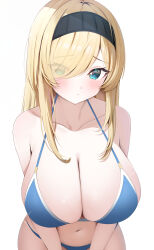 Rule 34 | 1girl, absurdres, armpit crease, bare shoulders, bikini, black hairband, blonde hair, blue bikini, blue eyes, blush, breasts, closed mouth, collarbone, commentary request, commission, eyes visible through hair, furrowed brow, hair over one eye, hairband, halterneck, highres, huge breasts, long hair, looking at viewer, navel, original, pixiv commission, rei (ilust9999), simple background, solo, string bikini, swept bangs, swimsuit, upper body, v arms, white background