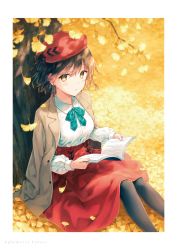 Rule 34 | 1girl, against tree, aqua bow, autumn leaves, black pantyhose, book, bow, brown coat, brown eyes, brown hair, coat, day, feet out of frame, highres, hiten (hitenkei), holding, holding book, long sleeves, looking at viewer, open book, original, outdoors, pantyhose, red headwear, red skirt, skirt, solo, tree