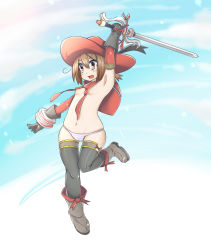 Rule 34 | 00s, 10s, 1girl, alternate color, armpits, bad id, bad pixiv id, black thighhighs, blush, boots, brown eyes, brown hair, capcom, cape, elbow gloves, fang, flat chest, gauntlets, gloves, hat, hinako (issho ni training), issho ni training, leg lift, lien (armor), lowleg, lowleg panties, monster hunter, monster hunter (series), monster hunter frontier, nacl, navel, no pants, panties, pink panties, rian, shokuen shiwe, short hair, solo, standing, striped clothes, striped panties, sword, thigh gap, thighhighs, thighs, underwear, weapon