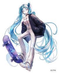 Rule 34 | 1girl, aqua hair, bare shoulders, belt, black coat, braid, breasts, coat, commentary request, full body, hatsune miku, jewelry, long hair, looking at viewer, medium breasts, midriff, necklace, open clothes, open coat, pants, pipi, shoes, simple background, skateboard, sneakers, solo, twintails, very long hair, vocaloid, white background, white belt, white footwear, white pants