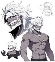 Rule 34 | 2boys, abs, axe, bad id, bad twitter id, baebabaego, beard, blue eyes, braid, character request, chibi, chibi inset, dark-skinned male, dark skin, facial hair, final fantasy, final fantasy xiv, grin, headband, highres, jewelry, long hair, looking at viewer, multiple boys, multiple views, muscular, muscular male, mustache, necklace, pectorals, scar, scar on arm, scar on chest, scar on face, scar on nose, smile, topless male, upper body, white background, white hair, white headband