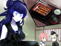 Rule 34 | + +, 10s, 3girls, :t, abyssal ship, bad id, bad pixiv id, black hair, black serafuku, blonde hair, blue eyes, breasts, commentary request, double bun, eating, food, garrison cap, gauntlets, hat, i-58 (kancolle), kantai collection, large breasts, light cruiser oni, long hair, multiple girls, pink hair, school uniform, serafuku, sparkle, u-511 (kancolle), weasel (close-to-the-edge)