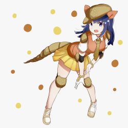 Rule 34 | 10s, :d, animal ears, armadillo ears, armadillo tail, bent over, black eyes, black hair, collared shirt, elbow pads, eyebrows visible through hat, full body, giant armadillo (kemono friends), gloves, hat, highres, kemono friends, knee pads, long hair, looking at viewer, miniskirt, necktie, open mouth, orange vest, shirt, short sleeves, shoulder pads, skirt, smile, solo, tail, tamiku (shisyamo609), vest, white background, white gloves, yellow skirt