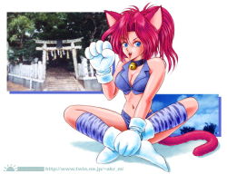 Rule 34 | 1990s (style), 1997, 1girl, akira m, animal ears, animal hands, animal print, august, bell, blue eyes, blush, boots, breasts, cat ears, cat girl, cat tail, cleavage, cloud, collar, collarbone, dated, fangs, gloves, jingle bell, kneehighs, large breasts, long hair, looking at viewer, midriff, navel, neck bell, open mouth, paw gloves, ponytail, print socks, purple shirt, purple shorts, purple socks, red hair, retro artstyle, shirt, short shorts, shorts, sitting, sky, sleeveless, sleeveless shirt, smile, socks, solo, tail, teeth, torii, white background, white footwear, white gloves