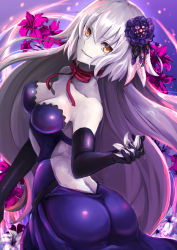 Rule 34 | 1girl, aruti, ass, breasts, choker, cleavage, clip studio paint (medium), dutch angle, elbow gloves, fate/grand order, fate (series), flower, flower request, gloves, grey hair, hair flower, hair ornament, highres, holding, holding flower, jeanne d&#039;arc (fate), jeanne d&#039;arc alter (avenger) (fate), jeanne d&#039;arc alter (avenger) (third ascension) (fate), jeanne d&#039;arc alter (fate), lily (flower), long hair, looking at viewer, medium breasts, official alternate costume, pixiv fate/grand order contest 2, red choker, red ribbon, ribbon, ribbon choker, solo, strapless, yellow eyes
