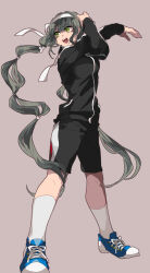 Rule 34 | 1girl, absurdres, alternate costume, black jacket, black shorts, black sleeves, blue footwear, brown background, chabashira tenko, commentary request, cross-laced footwear, crossed arms, danganronpa (series), danganronpa v3: killing harmony, eyelashes, full body, green eyes, green hair, hair ribbon, hairband, highres, jacket, jersey, kneehighs, knees, long hair, long sleeves, looking to the side, low twintails, mi cha iru, mole, mole under mouth, open mouth, ribbon, shoes, shorts, simple background, sleeves past wrists, smile, sneakers, socks, solo, sportswear, stretching, teeth, twintails, upper teeth only, very long hair, white hairband, white ribbon, white socks, zipper