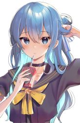Rule 34 | 1girl, absurdres, apple juice, asymmetrical hair, black choker, black shirt, blue eyes, blue hair, blush, breasts, choker, closed mouth, commentary, drink, drinking straw, earrings, english commentary, expressionless, hair between eyes, hair bun, hair ribbon, hand in own hair, highres, holding, holding drink, hololive, hoshimachi suisei, hoshimachi suisei (school uniform), jewelry, juice, juice box, light blue hair, long hair, looking at viewer, maru ccy, neckerchief, official alternate costume, ribbon, school uniform, serafuku, shirt, short sleeves, side bun, simple background, single earring, single hair bun, single side bun, small breasts, solo, star (symbol), star in eye, striped ribbon, symbol in eye, upper body, virtual youtuber, white background, white ribbon, yellow neckerchief