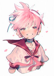 Rule 34 | 1boy, aqua collar, aqua ribbon, bass clef, black collar, blush, cherry blossom print, cherry blossoms, collar, commentary, cropped torso, falling petals, floral print, grin, hair ribbon, half-closed eyes, headphones, headset, highres, kagamine len, kouhara yuyu, looking at viewer, male focus, neck ribbon, petals, pink hair, ribbon, sailor collar, sakura len, shirt, short sleeves, smile, solo, spiked hair, symbol-only commentary, upper body, vocaloid, white background, white shirt