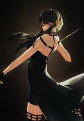 Rule 34 | 1girl, black background, black dress, black thighhighs, brown hair, brown hairband, commentary, dress, dual wielding, eyelashes, fingerless gloves, flower, gloves, gold hairband, hair flower, hair ornament, hairband, highres, holding, kumah dessu, long hair, looking at viewer, red eyes, shoulder blades, sidelocks, sideways glance, signature, simple background, sleeveless, sleeveless dress, solo, spy x family, standing, strap slip, thighhighs, yor briar