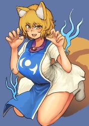 Rule 34 | 1girl, :d, absurdres, animal ears, blonde hair, blush, breasts, brooch, chanta (ayatakaoisii), colored skin, fingernails, fox ears, fox tail, hands up, highres, huge breasts, jewelry, jumping, looking at viewer, open mouth, shirt, short hair, short sleeves, slit pupils, smile, socks, solo, tabard, tail, touhou, white shirt, white skin, white socks, yakumo ran, yellow eyes