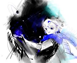 Rule 34 | 1boy, 7deung, black vest, blue eyes, blue hair, blue scarf, demian (project moon), highres, holding, holding star, limbus company, long sleeves, multicolored hair, parted lips, project moon, scarf, shirt, sketch, smile, solo, star (sky), star (symbol), streaked hair, upper body, vest, white background, white hair, white shirt