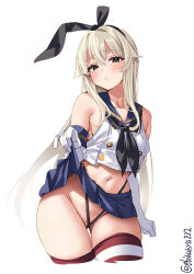 Rule 34 | 1girl, bare shoulders, black neckerchief, black panties, blonde hair, blush, breasts, buttons, clothes lift, cowboy shot, crop top, cropped legs, double-breasted, ebifurya, elbow gloves, gloves, hairband, highleg, highleg panties, highres, kantai collection, lifting own clothes, long hair, looking at viewer, microskirt, navel, neckerchief, one-hour drawing challenge, panties, parted lips, sailor collar, school uniform, serafuku, shimakaze (kancolle), shirt, skirt, skirt lift, sleeveless, sleeveless shirt, small breasts, solo, striped clothes, striped thighhighs, thighhighs, thighs, thong, twitter username, underwear, white background, white gloves, white shirt