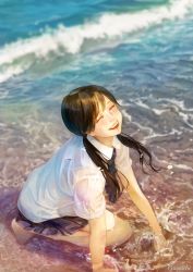 Rule 34 | 1girl, :d, artist name, barefoot, black skirt, blue necktie, closed eyes, commentary request, diagonal-striped clothes, diagonal-striped necktie, gagaichi, highres, kneeling, long hair, low twintails, marine day, necktie, ocean, open mouth, original, outdoors, pleated skirt, school uniform, short sleeves, skirt, smile, solo, striped clothes, striped necktie, swept bangs, twintails, wading, waves, wet, wet clothes