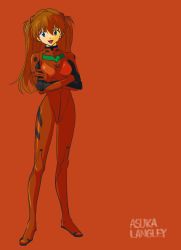 Rule 34 | 1girl, artist request, blue eyes, breasts, brown hair, character name, cowboy shot, crossed arms, full body, hair ornament, highres, interface headset, lips, long hair, looking at viewer, medium breasts, neon genesis evangelion, open mouth, pilot suit, plugsuit, simple background, smile, solo, souryuu asuka langley, two side up