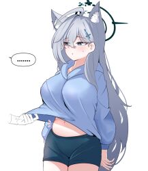 Rule 34 | ..., 1girl, 1other, ahoge, animal ear fluff, animal ears, black shorts, blue archive, blue eyes, blue hoodie, blush, breasts, closed mouth, cowboy shot, cross hair ornament, dark halo, disembodied limb, extra ears, grey hair, hair between eyes, hair ornament, halo, hood, hood down, hoodie, large breasts, long hair, navel, shiroko (blue archive), shiroko terror (blue archive), shorts, simple background, skyrain315, spoken ellipsis, white background, wolf ears