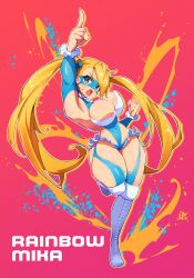 Rule 34 | 1girl, armpits, blonde hair, blue eyes, boots, breasts, cleavage, cleavage cutout, clothing cutout, hand up, highres, large breasts, long hair, mask, mefuchan, rainbow mika, street fighter, twintails, very long hair, wide hips, wrestling outfit