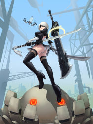 Rule 34 | 1girl, 2017, artist name, ass, back cutout, backless dress, backless outfit, bad id, bad pixiv id, black dress, black footwear, black hairband, black thighhighs, blindfold, blue sky, boots, breasts, broadsword, chain, closed mouth, clothing cutout, covered eyes, crane (machine), dated, day, dress, drone, dual wielding, floating, full body, greatsword, hair over one eye, hairband, heart, heart-shaped eyes, high heel boots, high heels, highleg, highleg leotard, highres, holding, holding sword, holding weapon, huge weapon, juliet sleeves, katana, legs apart, leotard, long sleeves, machinery, medium breasts, midair, nier:automata, nier (series), no mole, nose, outdoors, pink lips, pod (nier:automata), puffy sleeves, robot, short dress, short hair, shoulder blades, silver hair, skeletoner blackshining, sky, solo, sword, tassel, thigh boots, thighhighs, vambraces, weapon, weapon on back, white leotard, 2b (nier:automata)