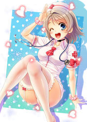 Rule 34 | 1girl, ;d, blue background, blue eyes, blush, bow, breasts, brown hair, choker, collarbone, collared dress, commentary request, dress, earrings, garter straps, hat, head tilt, heart, heart earrings, highres, jewelry, knees together feet apart, looking at viewer, love live!, love live! sunshine!!, medium breasts, necktie, nurse, nurse cap, one eye closed, open mouth, red bow, red necktie, salute, scrunchie, short necktie, short sleeves, silhouette, smile, solo, thighhighs, watanabe you, white dress, white thighhighs, wing collar, wrist scrunchie