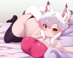 Rule 34 | smile, animal ear fluff, animal ears, black panties, black thighhighs, blurry, blurry background, blush, breast rest, breasts, cleavage, clenched hand, closed mouth, ear piercing, fox ears, fox girl, fox tail, gradient hair, hair between eyes, hand on own chest, large breasts, legs, looking at viewer, lying, multicolored hair, no pants, no shoes, on back, original, panties, parted bangs, piercing, pillow, red hair, short eyebrows, sivamaron, smile, tail, thick eyebrows, thighhighs, underwear, white hair, yellow eyes