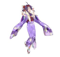 Rule 34 | 1girl, :d, ahoge, full body, hairband, holding, japanese clothes, kimono, leg up, long hair, looking at viewer, obi, open mouth, outstretched arm, pointy ears, purple hair, purple kimono, red eyes, red hairband, sash, sidelocks, smile, socks, solo, standing, standing on one leg, sword art online, talisman, transparent background, v, white socks, yukata, yuuki (sao)