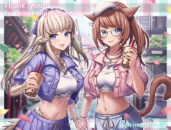 Rule 34 | 2girls, :d, animal ears, au ra, warrior of light (ff14), blue eyes, breasts, brown hair, bubble tea, cat ears, cat girl, cat tail, commission, crop top, cropped jacket, dragon horns, facial mark, fang, final fantasy, final fantasy xiv, glasses, hat, highres, holding, holding hands, horns, jacket, jewelry, large breasts, long hair, looking at viewer, midriff, miqo&#039;te, mirukurim, multiple girls, navel, necklace, open clothes, open jacket, open mouth, pink jacket, pleated skirt, ponytail, purple jacket, purple skirt, round eyewear, shirt, shorts, skeb commission, skirt, smile, stomach, tail, upper body, white hair, white headwear, white shirt, white shorts