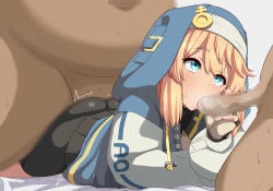 Rule 34 | 3boys, ass, bike shorts, black gloves, black shorts, blonde hair, blue eyes, blue jacket, bridget (guilty gear), censored, dark-skinned male, dark skin, donutman, fat, fat man, fellatio, fingerless gloves, gloves, grey background, group sex, guilty gear, guilty gear strive, highres, jacket, lying, male focus, male penetrated, mosaic censoring, multiple boys, navel, on stomach, open mouth, oral, penis, shorts, simple background, spitroast, threesome, tongue, tongue out, trap, v, yaoi