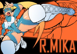 Rule 34 | 1990s (style), 1girl, blonde hair, blue eyes, boots, breasts, capcom, curvy, frills, kicking, large breasts, leotard, mask, plump, rainbow mika, retro artstyle, short twintails, solo, spread legs, street fighter, street fighter zero (series), tianzhong zhongtian, twintails