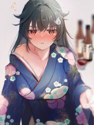 Rule 34 | 1girl, black hair, blue kimono, blurry, bottle, breasts, cowboy shot, depth of field, drunk, floral print, hair flaps, hair ornament, hairclip, highres, japanese clothes, jingei (kancolle), kantai collection, kimono, large breasts, long hair, looking at viewer, official alternate costume, ranran 3939, red eyes, sake bottle, solo, squeans