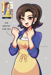 Rule 34 | 1girl, apron, blush, breasts, brown hair, cleavage, collared shirt, creatures (company), english text, game freak, grey background, highres, long sleeves, looking at viewer, mature female, medium breasts, medium hair, mother (pokemon), nintendo, open mouth, paldea mother, pokemon, pokemon sv, shirt, short hair, simple background, smile, solo, touyarokii