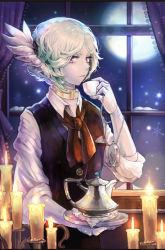 Rule 34 | 1boy, beryl (saibai shounen), candelabra, candle, candlestand, cup, curtains, facing to the side, full moon, green hair, looking at viewer, male focus, moon, night, night sky, official art, purple eyes, saibai shounen, second-party source, short hair, sky, solo, teacup, teapot, ttoma, wavy hair, wing hair ornament