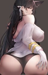 Rule 34 | 1girl, animal ears, ass, atago (azur lane), azur lane, bare shoulders, black background, black hair, black panties, breasts, closed mouth, dog ears, from behind, gloves, hair ornament, hand on own ass, highres, large breasts, liaowen, long hair, long sleeves, looking at viewer, looking back, mole, mole under eye, off shoulder, panties, simple background, smile, solo, underwear, white gloves