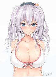 Rule 34 | 10s, 1girl, alternate costume, bare shoulders, bikini, blue eyes, blush, breasts, cleavage, front-tie top, heart, heart-shaped pupils, kantai collection, kashima (kancolle), kuavera, large breasts, looking at viewer, midriff, sidelocks, silver hair, smile, solo, swimsuit, symbol-shaped pupils, twintails, twitter username, upper body, wavy hair