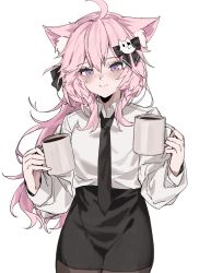 Rule 34 | 1girl, ahoge, alternate costume, animal ear fluff, animal ears, aogisa, black bow, black necktie, black skirt, blush, bow, cat ears, cat girl, cat hair ornament, cat ornament, coffee mug, collared shirt, commentary, commission, cup, english commentary, eyepatch, hair between eyes, hair ornament, highres, holding, holding cup, long hair, long sleeves, looking at viewer, loose clothes, loose shirt, mug, necktie, nyatasha nyanners, pantyhose, pink hair, purple eyes, second-party source, shirt, shirt tucked in, simple background, skeb commission, skirt, smile, solo, virtual youtuber, vshojo, white background