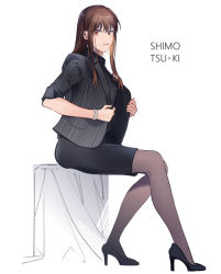 Rule 34 | 1girl, black footwear, black skirt, brown eyes, brown hair, closed mouth, freckles, full body, grey jacket, grey pantyhose, high heels, jacket, kistina, long hair, looking at viewer, miniskirt, open clothes, open jacket, pantyhose, pencil skirt, psycho-pass, pumps, shimotsuki mika, simple background, sitting, skirt, sleeves rolled up, solo, straight hair, striped clothes, striped jacket, vertical-striped clothes, vertical-striped jacket, white background