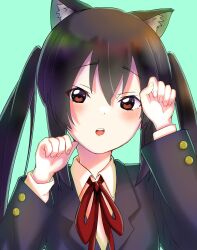 Rule 34 | 1girl, 46 crt, absurdres, animal ears, black hair, black jacket, blazer, blush, brown eyes, cat day, cat ears, collared shirt, commentary request, green background, hair between eyes, highres, jacket, k-on!, long hair, looking at viewer, nakano azusa, neck ribbon, parted lips, paw pose, portrait, red ribbon, ribbon, sakuragaoka high school uniform, school uniform, shirt, sidelocks, simple background, solo, teeth, twintails, upper teeth only, white shirt