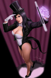 Rule 34 | 1girl, adjusting clothes, adjusting headwear, black hair, breasts, coattails, dc comics, gloves, glowing, hat, iury padilha, justice league, long hair, magician, smile, solo, top hat, wand, white gloves, zatanna zatara