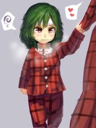 Rule 34 | 2girls, aged down, blush, bow, breath, clothes pull, cold pack, colored eyelashes, commentary request, crying, crying with eyes open, dual persona, grey background, heart, kazami yuuka, kazami yuuka (pc-98), kikimifukuri, long sleeves, mother and daughter, multiple girls, out of frame, pants, plaid, plaid pants, plaid shirt, red eyes, runny nose, shirt, shirt pull, short hair, sick, simple background, snot, spoken heart, tears, time paradox, touhou, touhou (pc-98), wavy hair