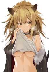 Rule 34 | 1girl, animal ears, arknights, bare shoulders, black jacket, blush, breasts, brown eyes, brown hair, clothes lift, collarbone, commentary, duplicate, fur-trimmed jacket, fur trim, highres, jacket, lifting own clothes, lion ears, lion girl, long hair, looking at viewer, medium breasts, navel, off shoulder, ohta yuichi, open clothes, open jacket, pixel-perfect duplicate, ponytail, shirt lift, siege (arknights), solo, steaming body, stomach, sweat, underboob, upper body, v-shaped eyebrows, wiping sweat