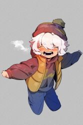 Rule 34 | 1boy, arms at sides, beanie, blue pants, blush, closed eyes, grey background, hat, highres, hood, hood down, hoodie, long sleeves, luo xiaohei, luo xiaohei zhanji, nploser, open mouth, pants, puffy long sleeves, puffy sleeves, red hoodie, simple background, solo, vest, white hair, yellow vest