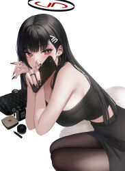 Rule 34 | 1girl, abab xiaxia, absurdres, alternate costume, bare arms, bare shoulders, black bag, black hair, black nails, black pantyhose, black skirt, blue archive, blush, breasts, bright pupils, cellphone, earrings, from side, hair ornament, halo, highres, holding, holding phone, jewelry, large breasts, looking at viewer, looking to the side, nail polish, pantyhose, phone, red eyes, rio (blue archive), simple background, skirt, smartphone, solo, white background, white pupils