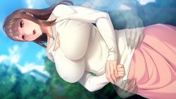 Rule 34 | 1girl, appetite, blurry, blurry background, blush, breasts, brown eyes, brown hair, cleavage, cleavage cutout, clothing cutout, cloud, day, embarrassed, game cg, hands together, invisible man, jewelry, konoe yuki, large breasts, long hair, looking at viewer, matching hair/eyes, necklace, open mouth, original, outdoors, pink skirt, skirt, sky, standing, torso grab, toumei oyaji no stealth ntr, tree