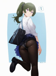 Rule 34 | 1girl, :/, ?, absurdres, accidental exposure, alternate costume, ass, bag, black footwear, black pantyhose, blue background, blue skirt, breasts, closed mouth, commentary request, double-parted bangs, edgar syu, foot out of frame, from behind, green hair, hair between eyes, heart, highres, long hair, looking at viewer, looking back, medium breasts, panties, panties under pantyhose, pantyhose, pantyshot, pleated skirt, purple eyes, school bag, school uniform, shirt, shoe soles, side ponytail, skirt, sleeves rolled up, solo, sousou no frieren, spoken question mark, standing, standing on one leg, twitter username, two-tone background, ubel (sousou no frieren), underwear, white background, white shirt