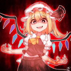 Rule 34 | 1girl, arms up, ascot, aura, black background, blonde hair, blood, blood on hands, bright pupils, commentary, cowboy shot, fangs, flandre scarlet, hair between eyes, hat, hat ribbon, highres, leaning to the side, looking at viewer, mob cap, one side up, open mouth, outline, puffy short sleeves, puffy sleeves, red eyes, red skirt, red vest, ribbon, shaded face, shirt, short hair, short sleeves, signature, skirt, solo, standing, teeth, touhou, upper teeth only, vest, white hat, white pupils, white shirt, wings, yellow ascot, zanasta0810
