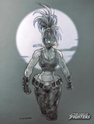 Rule 34 | 10s, 1girl, 2015, artist name, belt pouch, camouflage, clenched hands, cloud, copyright name, crop top, dagger, dated, gloves, glowing, glowing eyes, greyscale, highres, knife, leona heidern, looking at viewer, midriff, monochrome, moon, mouth hold, navel, nax, pants, ponytail, pouch, signature, solo, tank top, the king of fighters, toned, weapon