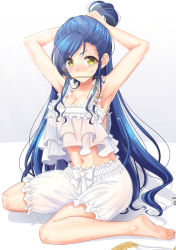 Rule 34 | 1girl, adjusting hair, aged up, armpits, arms up, asymmetrical bangs, bare arms, bare legs, bare shoulders, barefoot, bloomers, blue hair, bow, breasts, camisole, cleavage, collarbone, copyright request, diamond (gemstone), eyelashes, full body, glint, hair ornament, hair stick, highres, long hair, looking at viewer, mouth hold, navel, ponytail, see-through, simple background, sitting, sleeveless, soles, solo, sparkle, stomach, sweatdrop, tareme, toes, tying hair, underwear, very long hair, wariza, white background, white bow, yellow eyes, youshuu