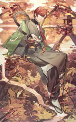 Rule 34 | autumn, brown hair, day, detached collar, food fantasy, green eyes, highres, japanese clothes, jewelry, kimono, male focus, necklace, official art, outdoors, ponytail, rezia, sandals, sitting, socks, swept bangs, teapot, white legwear, zouri