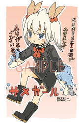 Rule 34 | 1girl, bad id, bad pixiv id, black dress, black footwear, blue eyes, boots, bow, brown background, brown ribbon, colored eyelashes, dress, eyebrows hidden by hair, full body, grey hair, hair bobbles, hair ornament, hair ribbon, hand puppet, long sleeves, original, puppet, red bow, ribbon, sample watermark, sidelocks, solo, thick eyebrows, translation request, twintails, two-tone background, watermark, white background, yukimoto shuuji (gurigura)