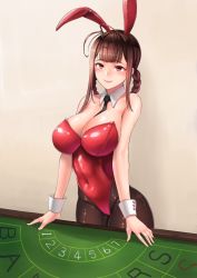 Rule 34 | 1girl, ahoge, alternate costume, animal ears, ass, bare shoulders, black necktie, blunt bangs, blush, breasts, brown hair, casino card table, cleavage, cloel, closed mouth, commentary, covered navel, detached collar, dsr-50 (girls&#039; frontline), fake animal ears, girls&#039; frontline, groin, hair ornament, highleg, highleg leotard, highres, large breasts, leotard, long hair, looking at viewer, necktie, pantyhose, playboy bunny, rabbit ears, red eyes, red leotard, shiny skin, sidelocks, smile, solo, table, very long hair, wrist cuffs